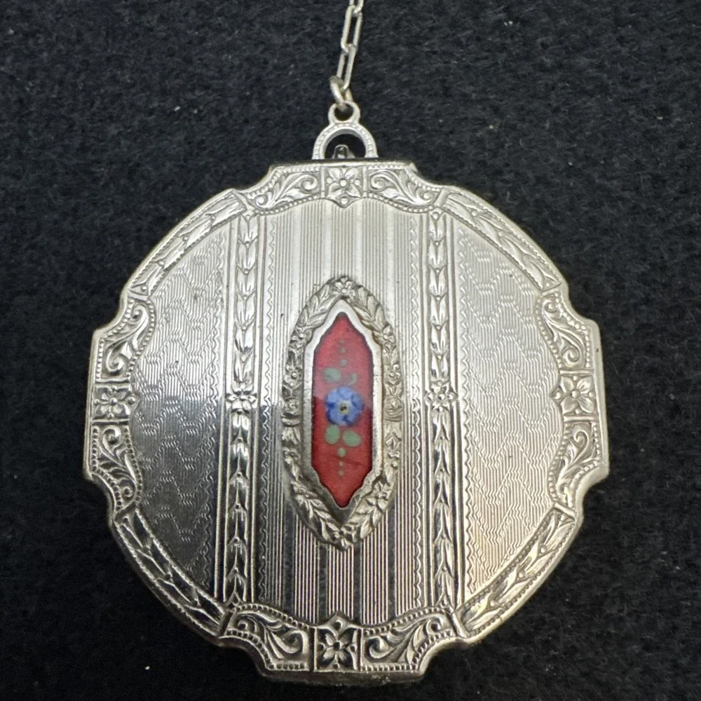 Antique Art Deco Silver Blue Guilloche Enamel Fob Chain Puff Dance Compact